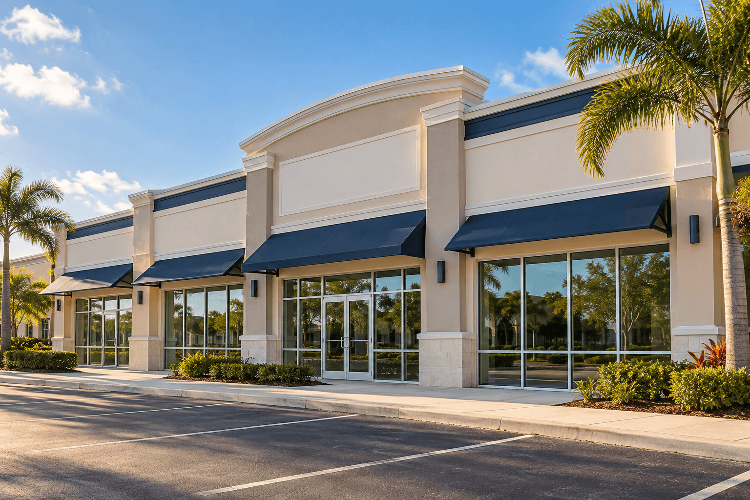 A retail plaza with freshly painted cream stucco and crisp white storefront trim