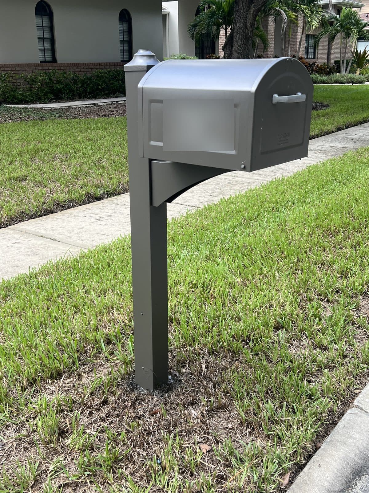 Mailbox and post refinished in a matching gray