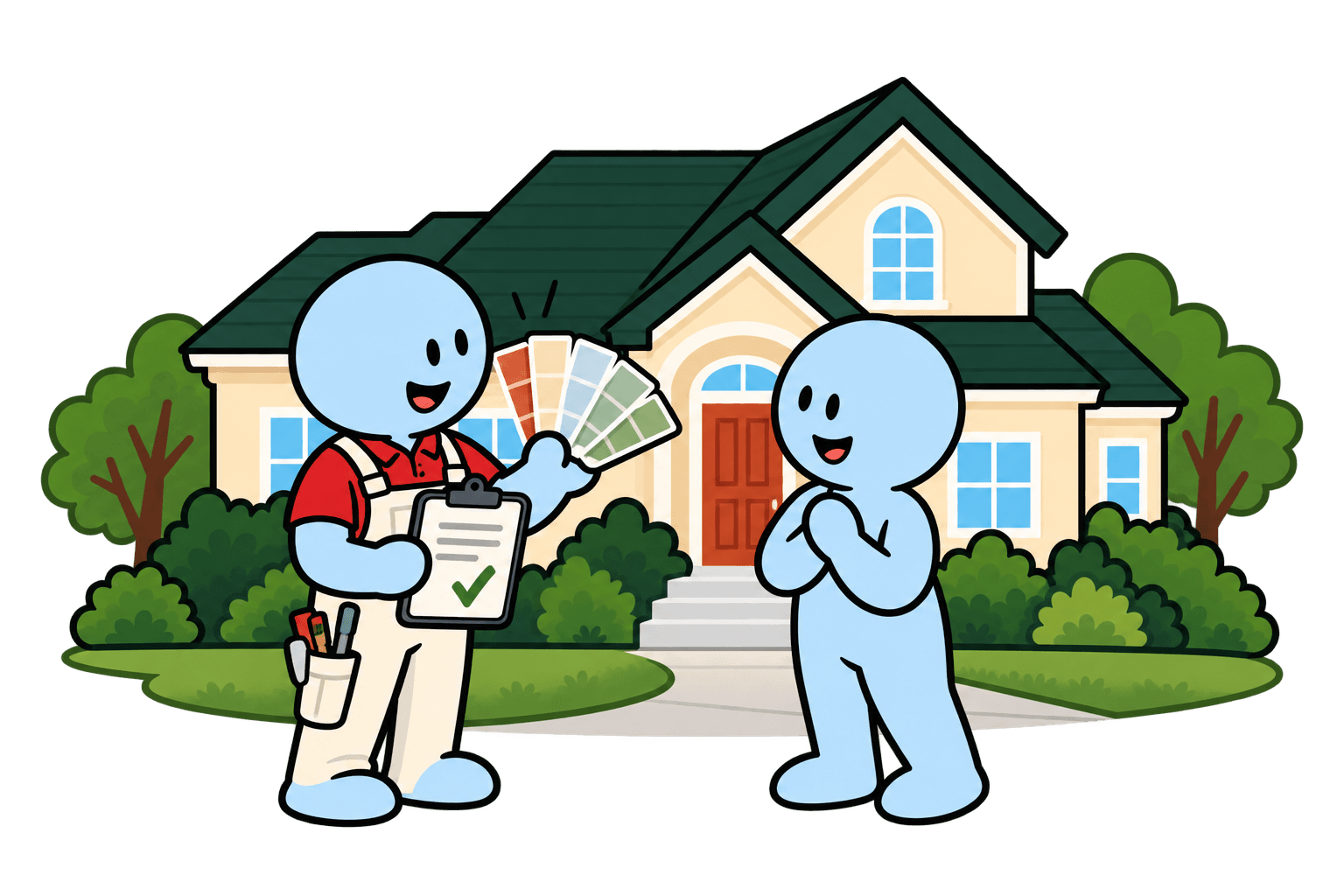 A painter discussing paint color swatches and an estimate with a homeowner