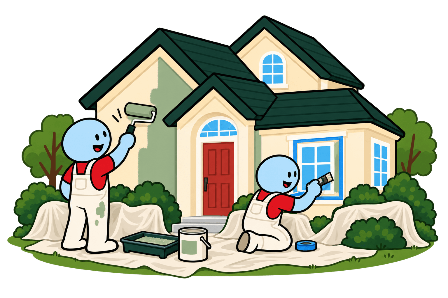 Painters protecting the work area, preparing trim, and painting a home's exterior